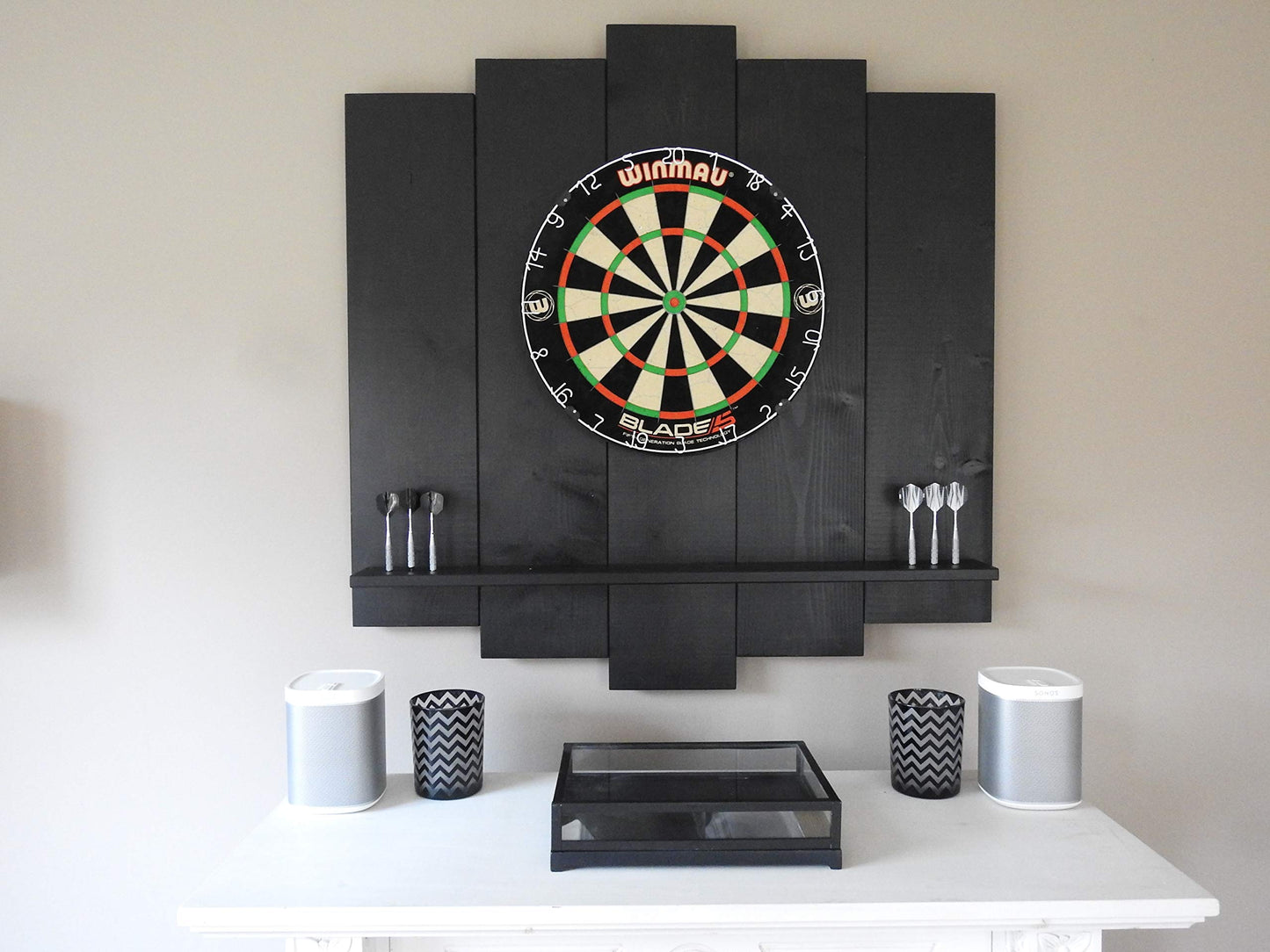 WOODEN Dartboard Surround | Premium dart wall protection & tablet holder | Flamed "Burned Look" or colour design (catch ring, dart surround, backboard)