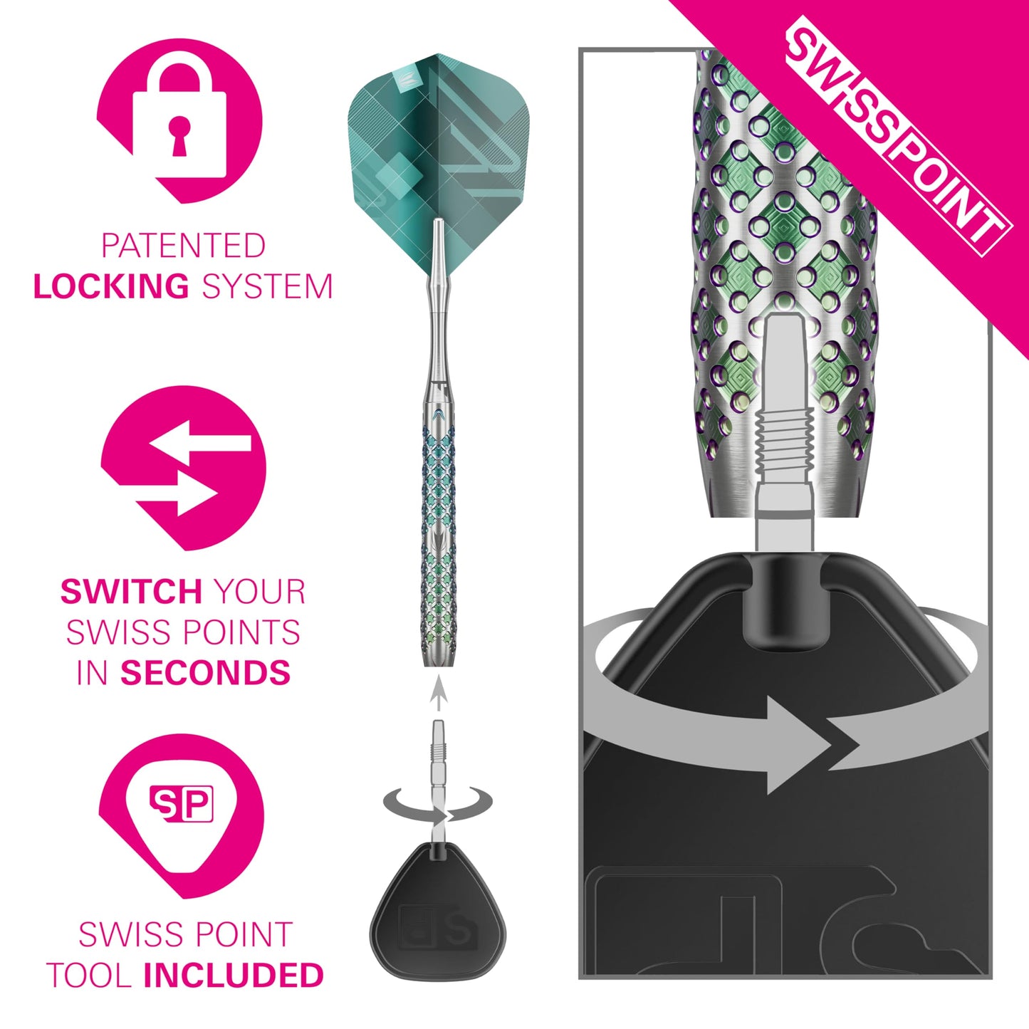 TARGET Darts Rove Steel Tip Swiss Point Darts, 90% Tungsten Dart Set | Steel Tip Dart, Green & Silver Darts, Professional Dart Set with Swiss Points & Tool | Barrel 01/02/03 –22G/23G/24G/25G