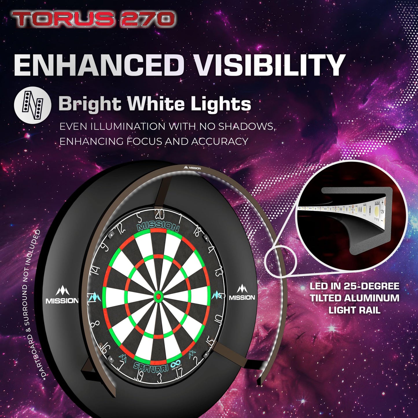 Mission Darts Torus 270 | Dart Board LED Lighting System with Easy Access to Dartboard Area for Unrestricted Play, Sand Blasted Black, Red, Blue, Green, Purple, Bronze and Silver Colours