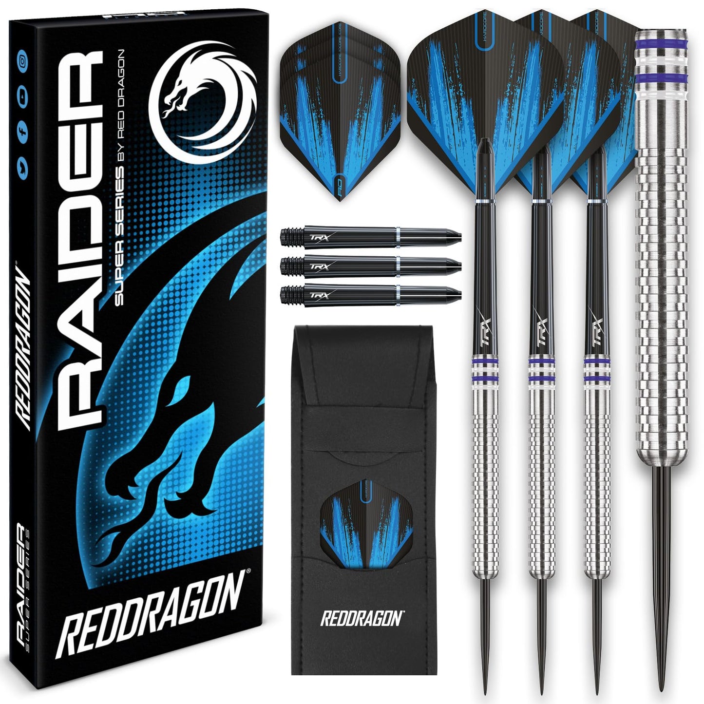 RED DRAGON Raider Series: 23g Steel Tip Tungsten Darts Set - Professional Darts with Shafts (Stems) and Flights - Choice of Colour Available