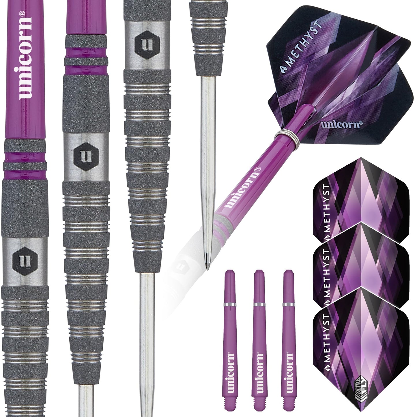 Unicorn Darts Set | Amethyst 90% Natural Tungsten Gripper Finish Barrels with Purple Accents & Laser Etched U Logo Hallmark | Steel Tip | 19 g, 20 g, 21 g, 22 g, 23g or 24 g