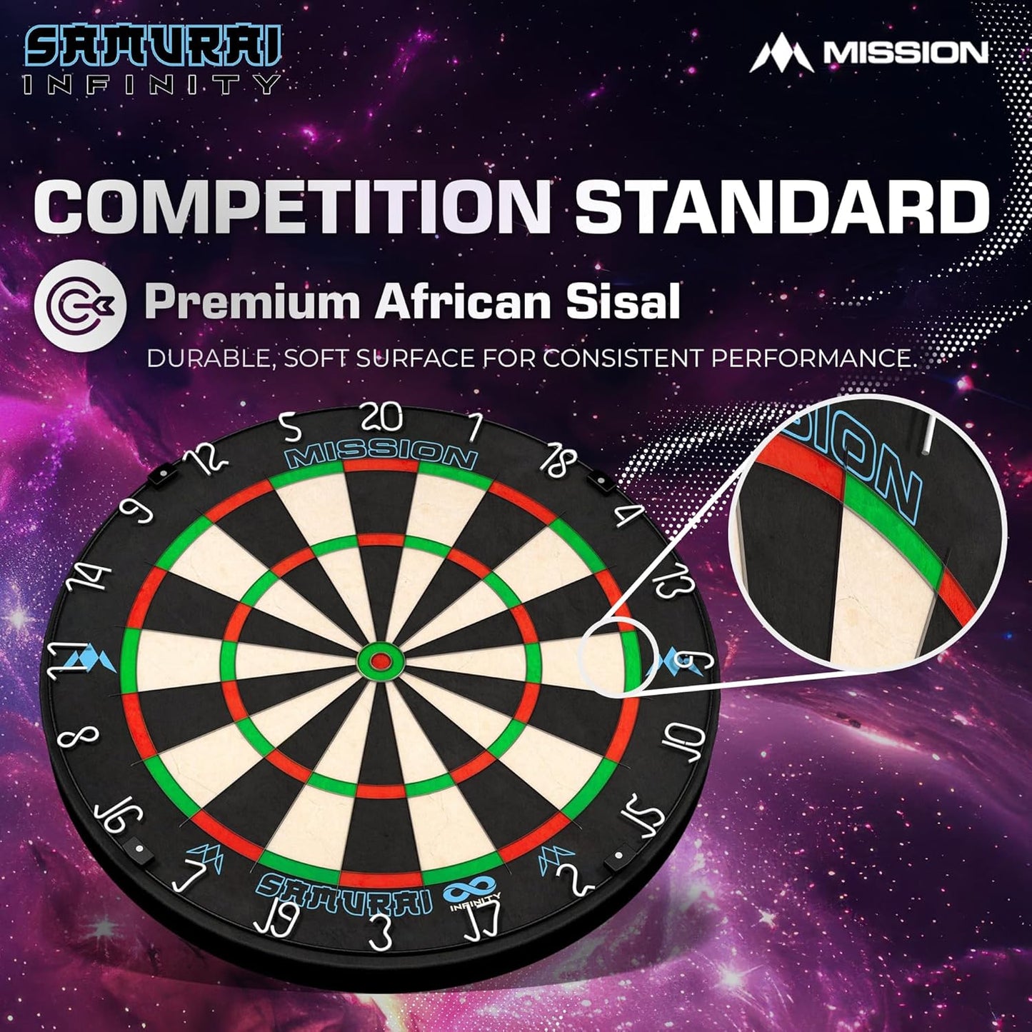 Mission Darts Samurai Infinity | Professional Competition Standard Dartboard with Ultra Thin Knife Life Wire Construction and Black Ring | DB058
