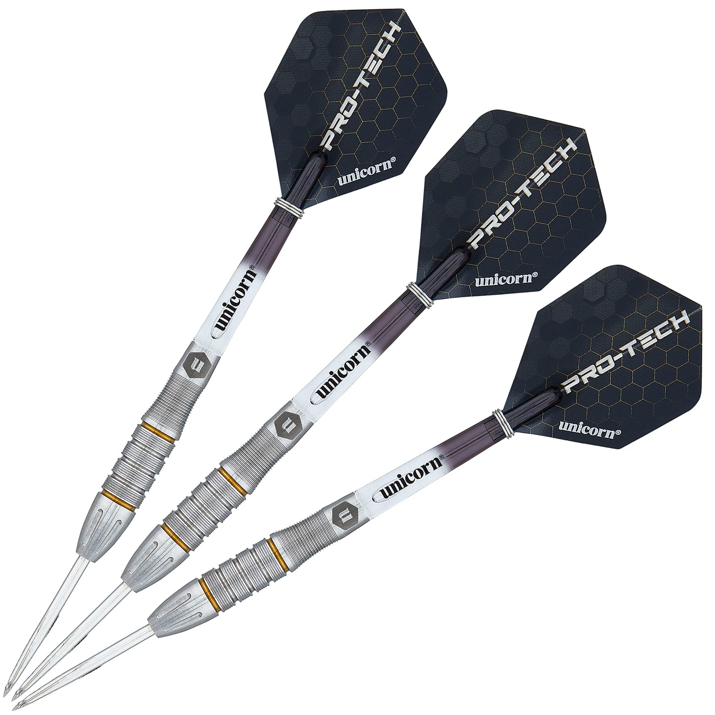 Unicorn Steel Tip Darts Set | Pro-Tech Style 1 | 90% Natural Tungsten Barrels with Golden Accents & Volute Points | 24 g
