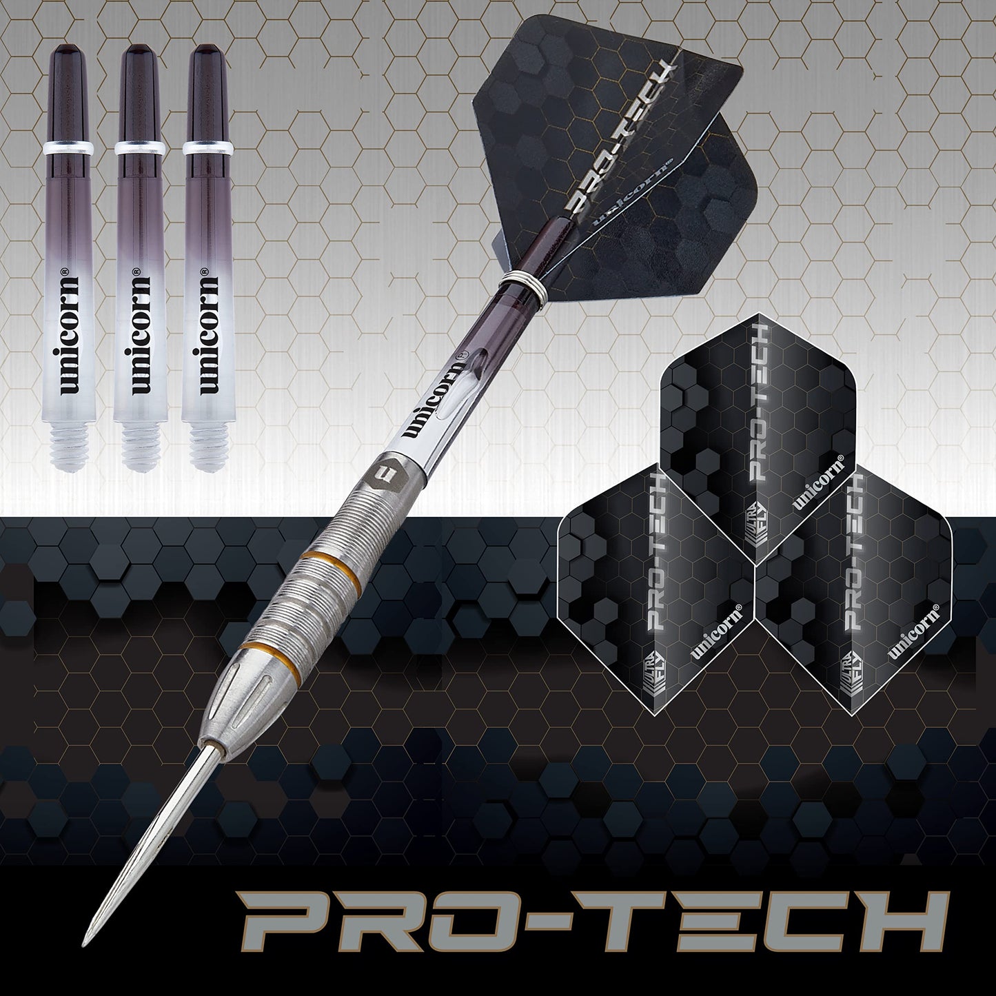 Unicorn Steel Tip Darts Set | Pro-Tech Style 1 | 90% Natural Tungsten Barrels with Golden Accents & Volute Points | 24 g