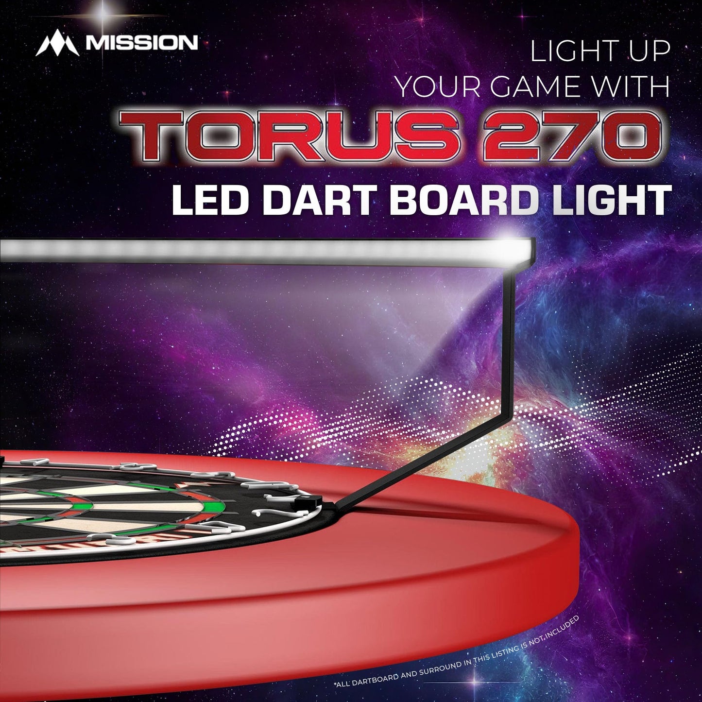 Mission Darts Torus 270 | Dart Board LED Lighting System with Easy Access to Dartboard Area for Unrestricted Play, Sand Blasted Black, Red, Blue, Green, Purple, Bronze and Silver Colours