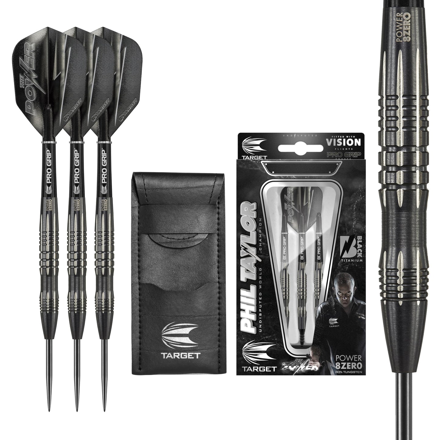TARGET Darts Phil Taylor Power 8-Zero 3 Black Steel Tip Darts, 80% Tungsten Dart Set, P8Z3, 22G/24G | Player Edition Darts with Fixed Points | Black Darts Case Included