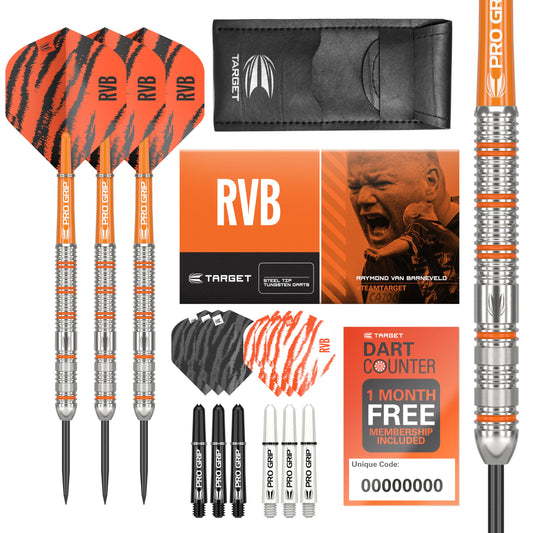 TARGET Darts Raymond van Barneveld RVB 22G/23G/24G Tungsten Steel Tip Darts Set | 9 Pro Grip Shafts | 9 Pro Ultra Flights | Dart Wallet Bundle