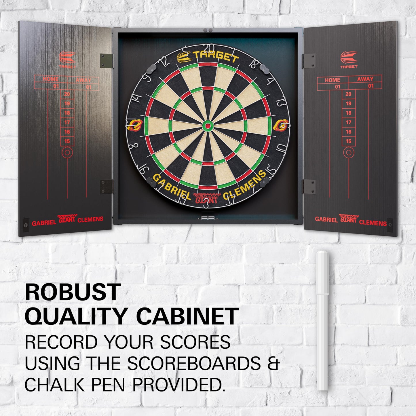 Target Darts Player Dartboard and Cabinet Set | Luke Littler/Dimitri Van den Bergh/Gabriel Clemens | Dart Board Cupboard with 2 Sets of Steel Tip Darts, Score Charts, Competition Standard Throw Line