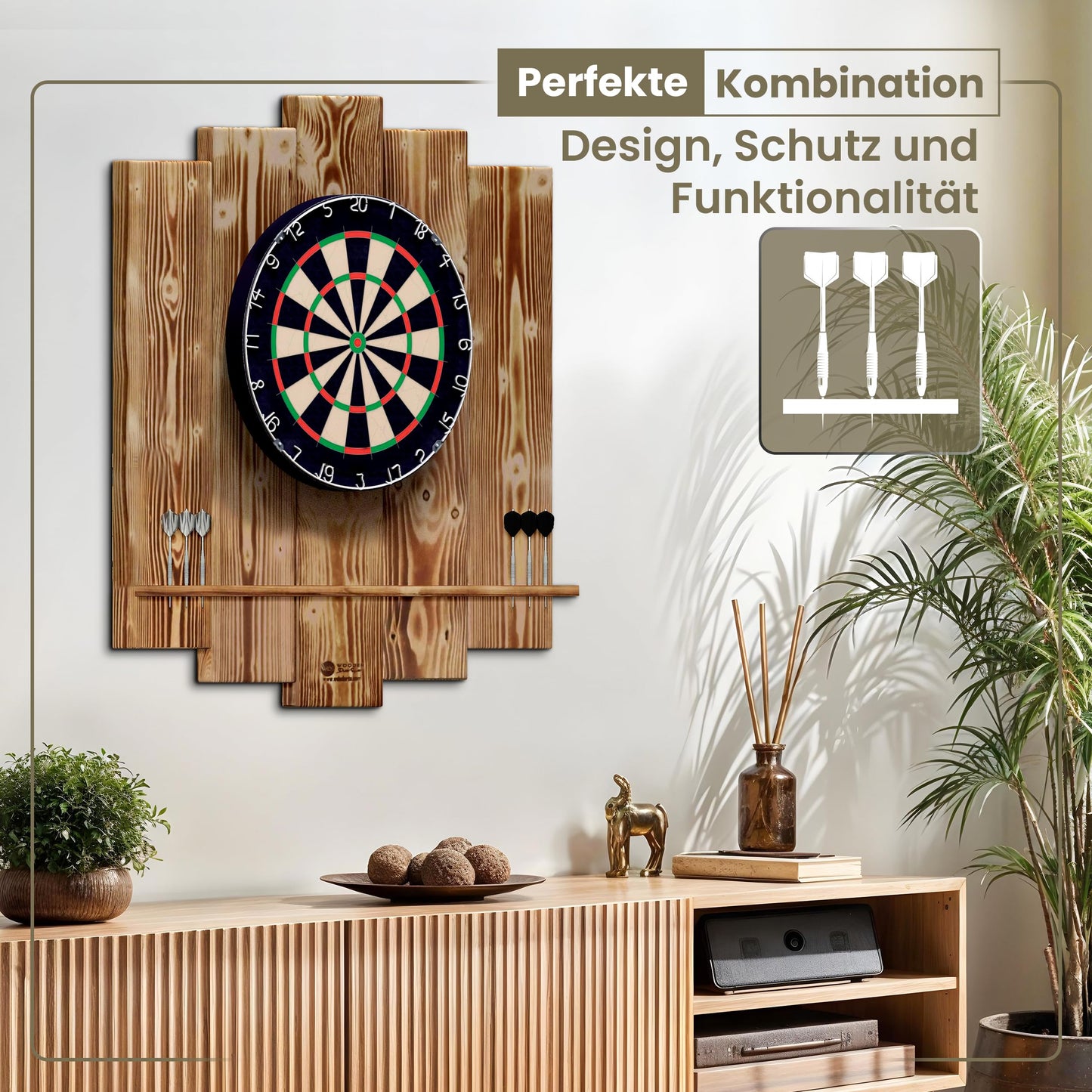 WOODEN Dartboard Surround | Premium dart wall protection & tablet holder | Flamed "Burned Look" or colour design (catch ring, dart surround, backboard)