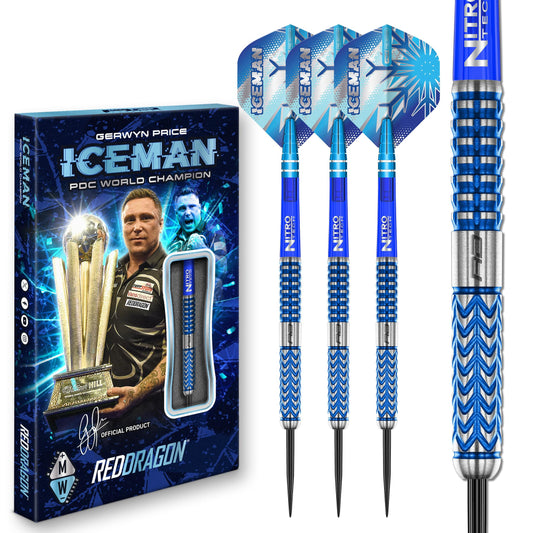 RED DRAGON Darts – Professional Player Gerwyn Price Iceman Glacier Series - 90% Tungsten Darts Set with Dart Flights and Dart Shafts (Stems) - Available in Soft Tip 18g and Steel Tip 22g, 24g & 26g