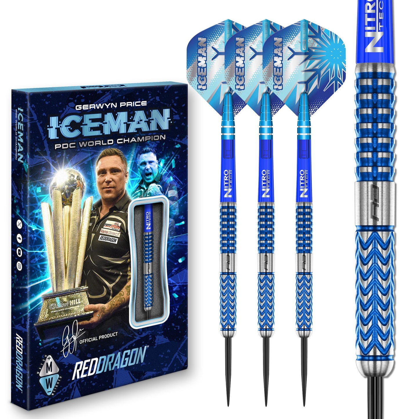 RED DRAGON Darts – Professional Player Gerwyn Price Iceman Glacier Series - 90% Tungsten Darts Set with Dart Flights and Dart Shafts (Stems) - Available in Soft Tip 18g and Steel Tip 22g, 24g & 26g