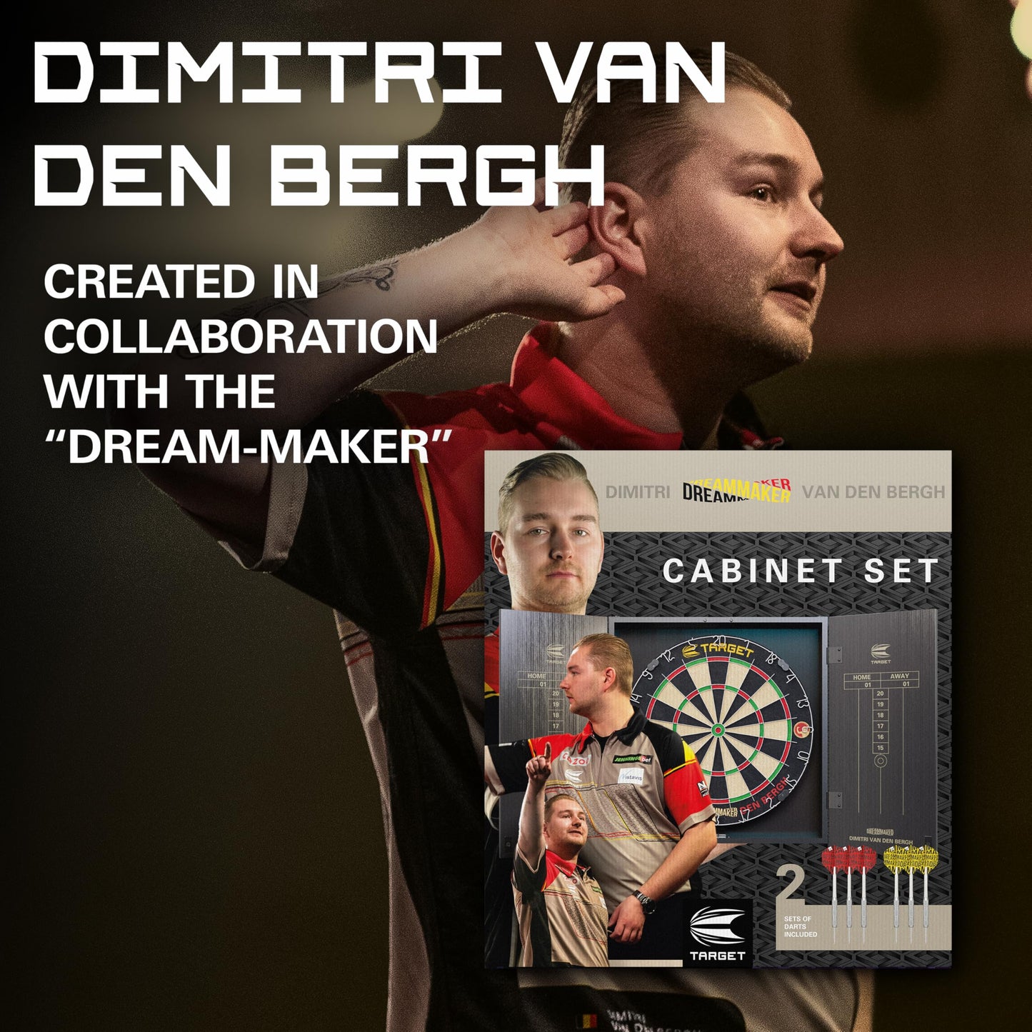 Target Darts Player Dartboard and Cabinet Set | Luke Littler/Dimitri Van den Bergh/Gabriel Clemens | Dart Board Cupboard with 2 Sets of Steel Tip Darts, Score Charts, Competition Standard Throw Line