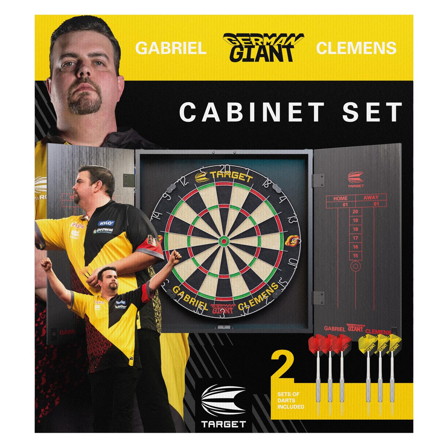 Target Darts Player Dartboard and Cabinet Set | Luke Littler/Dimitri Van den Bergh/Gabriel Clemens | Dart Board Cupboard with 2 Sets of Steel Tip Darts, Score Charts, Competition Standard Throw Line