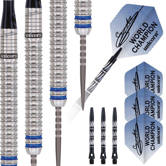 Unicorn Steel Tip Darts Set | Gary 'The Flying Scotsman' Anderson Phase 3 World Champion | 90% Natural Tungsten Barrels with Blue Accents