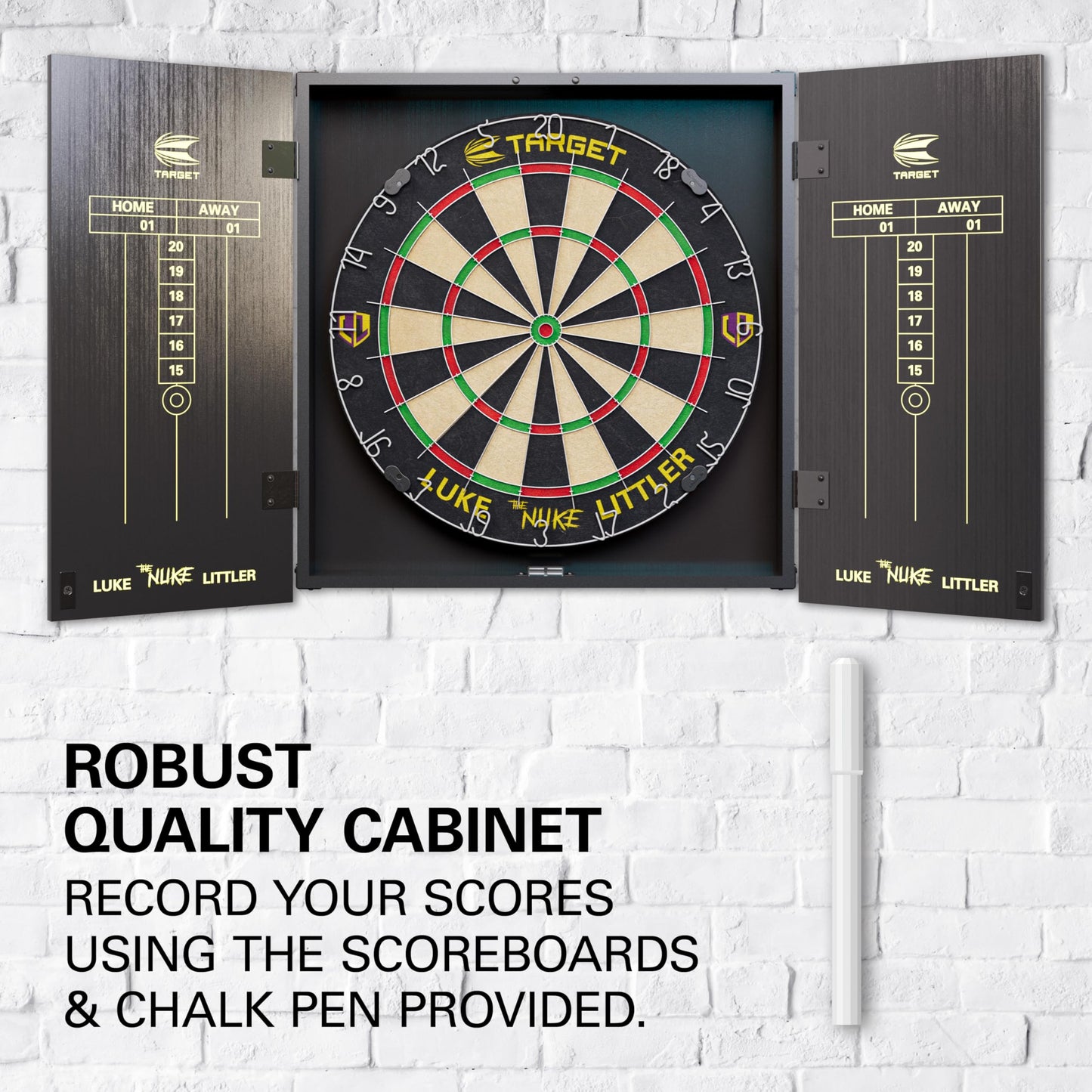 Target Darts Player Dartboard and Cabinet Set | Luke Littler/Dimitri Van den Bergh/Gabriel Clemens | Dart Board Cupboard with 2 Sets of Steel Tip Darts, Score Charts, Competition Standard Throw Line
