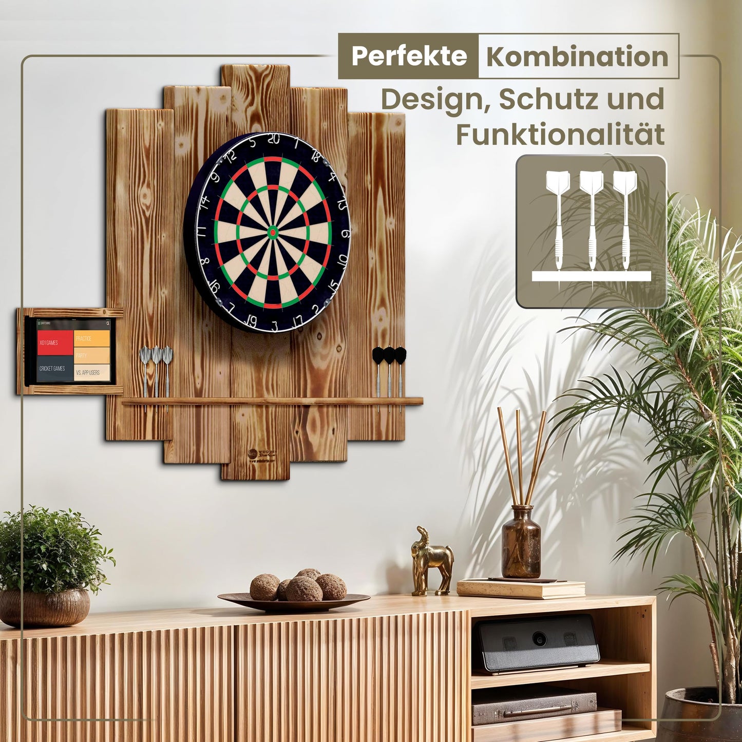 WOODEN Dartboard Surround | Premium dart wall protection & tablet holder | Flamed "Burned Look" or colour design (catch ring, dart surround, backboard)