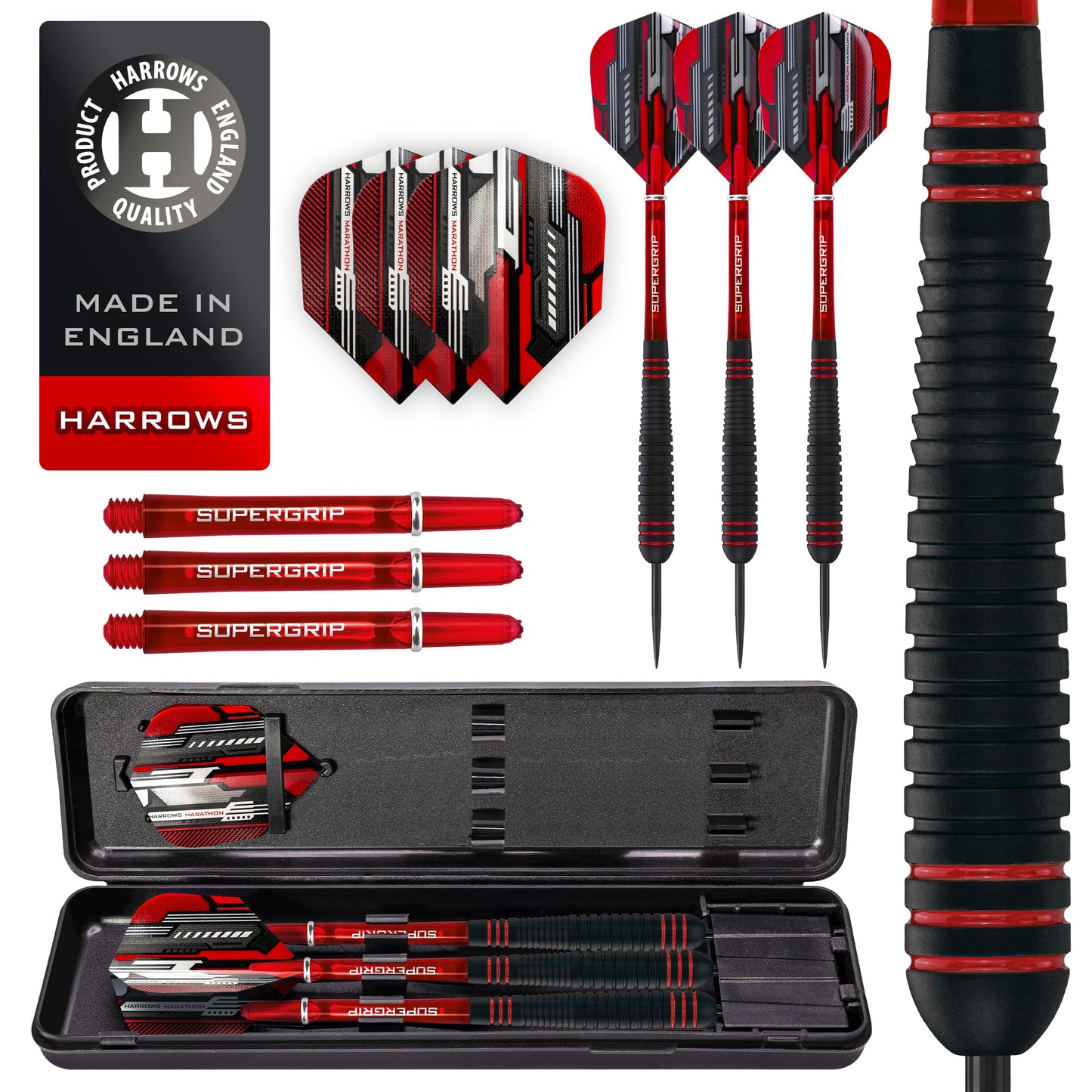 Harrows Ace Rubber Brass Steel Tip Darts Set 20g, 22g, 24g & 26g - Includes Supergrip Shafts, Micron Marathon Flights & Travel Case - 10pc Set