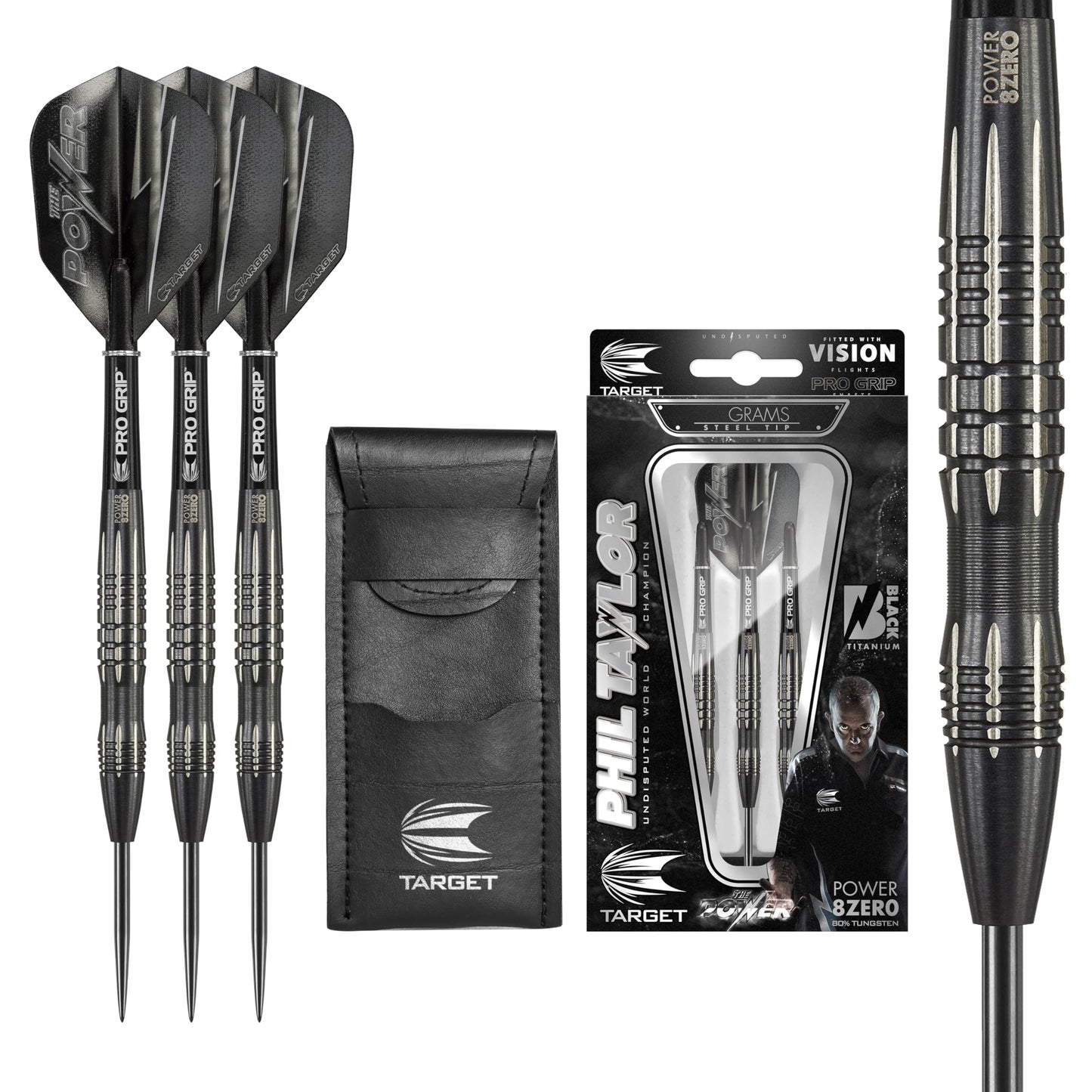 TARGET Darts Phil Taylor Power 8-Zero 3 Black Steel Tip Darts, 80% Tungsten Dart Set, P8Z3, 22G/24G | Player Edition Darts with Fixed Points | Black Darts Case Included
