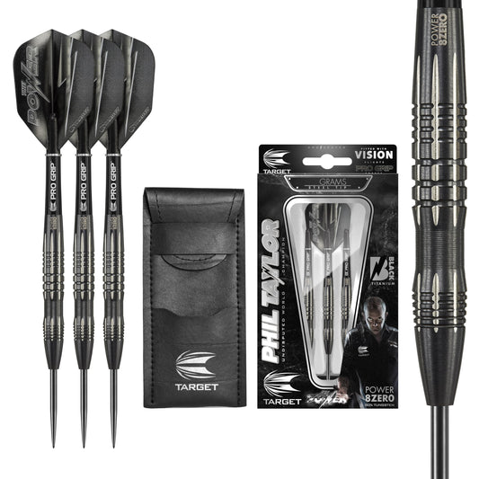 TARGET Darts Phil Taylor Power 8-Zero 3 Black Steel Tip Darts, 80% Tungsten Dart Set, P8Z3, 22G/24G | Player Edition Darts with Fixed Points | Black Darts Case Included