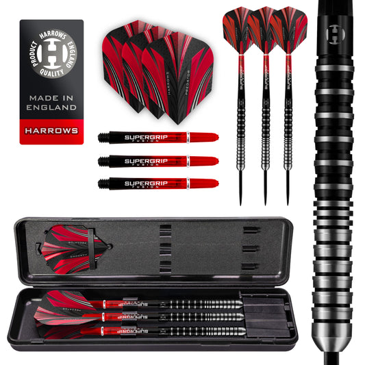 Harrows Predator 90% Tungsten Steel Tip Darts Set 22g, 23g, 24g &25g - Includes Ultra Traction Grip, Supergrip Fusion Shafts, Prime Flights & Travel Case