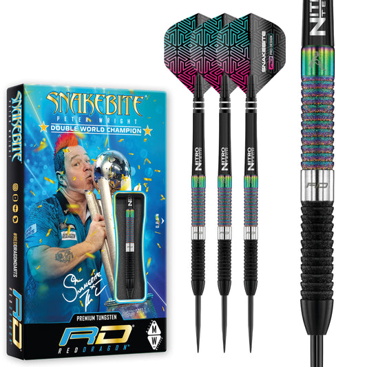 RED DRAGON Peter Wright Snakebite World Champion Diamond Fusion SE Professional Darts Set including Flights and Shafts (Stems)