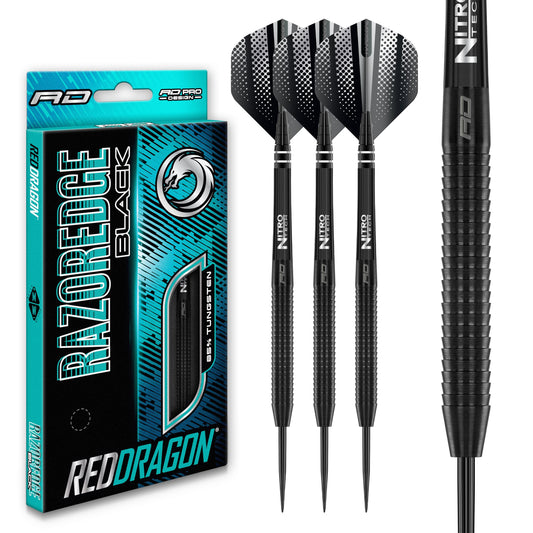RED DRAGON Razor Edge Black - Tungsten professional steel tip darts set with Dart Flights and Dart Shafts - Available in 20g, 22g, 23g, 24g, 26g, 28g