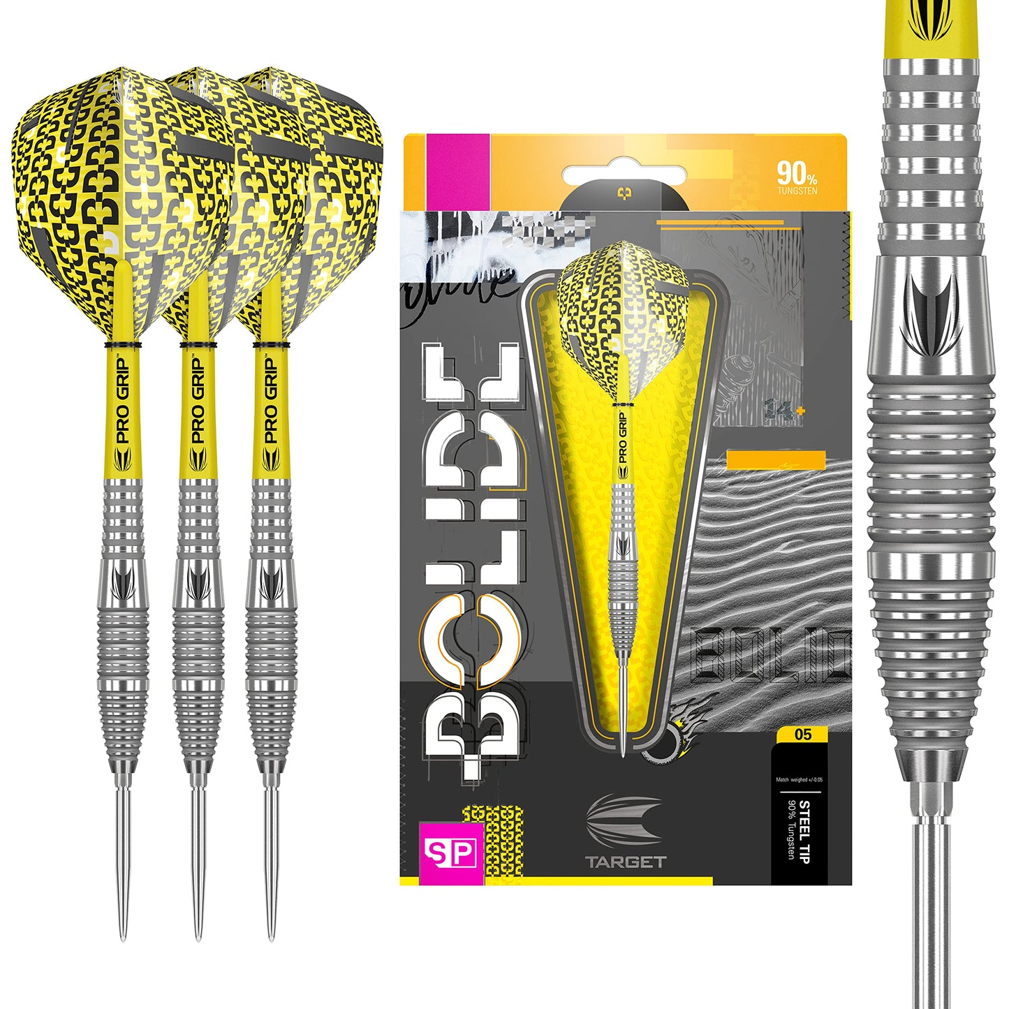 TARGET Darts Bolide 90% Tungsten Swiss Point Steel Tip Darts Set of 3 | Featuring Pro Grip Dart Stems, Number 6 Dart Flights, Swiss Points | Professional Darts