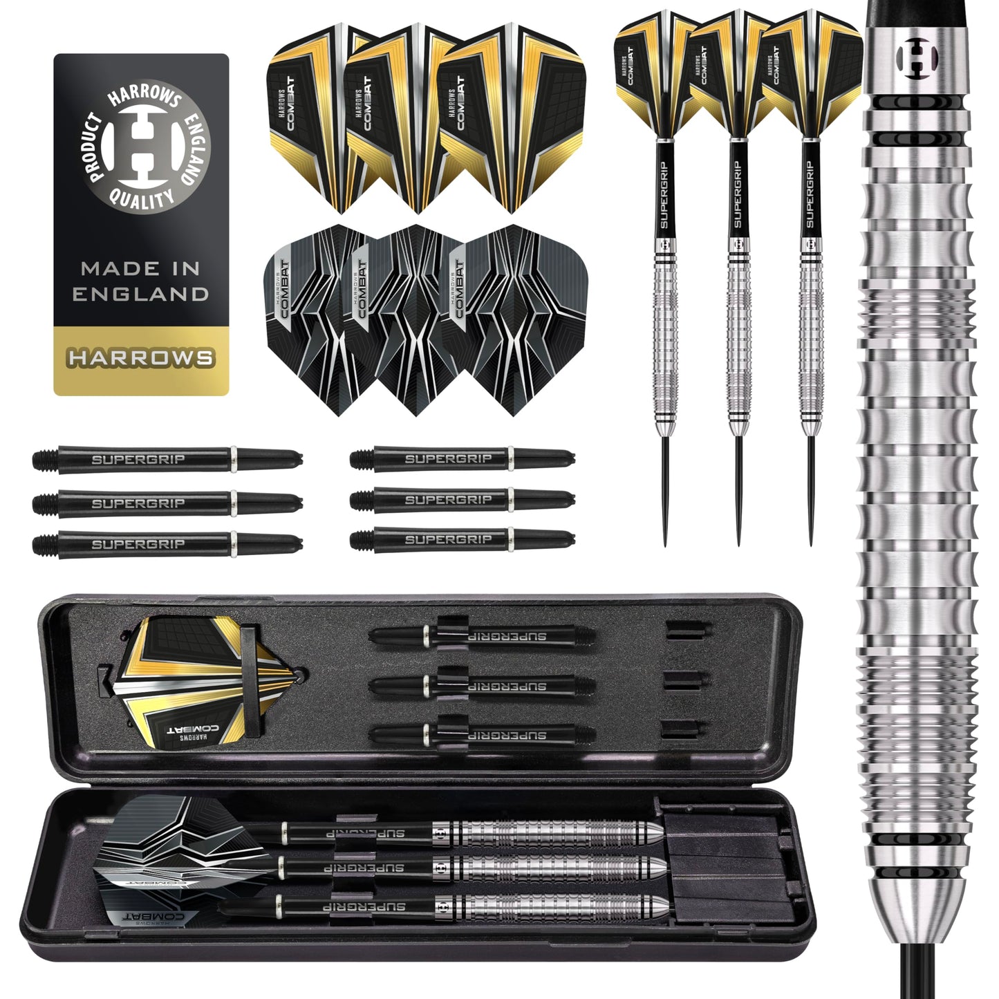 Harrows Combat 90% Tungsten Steel Tip Darts Set I 21g to 30g All Weights Available I Huge 17pcs Bundle with Spare Shafts, Prime Flights & Travel Case