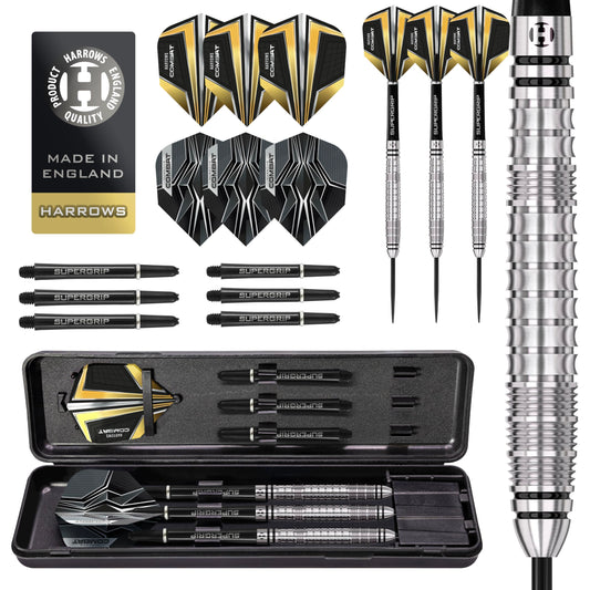Harrows Combat 90% Tungsten Steel Tip Darts Set I 21g to 30g All Weights Available I Huge 17pcs Bundle with Spare Shafts, Prime Flights & Travel Case