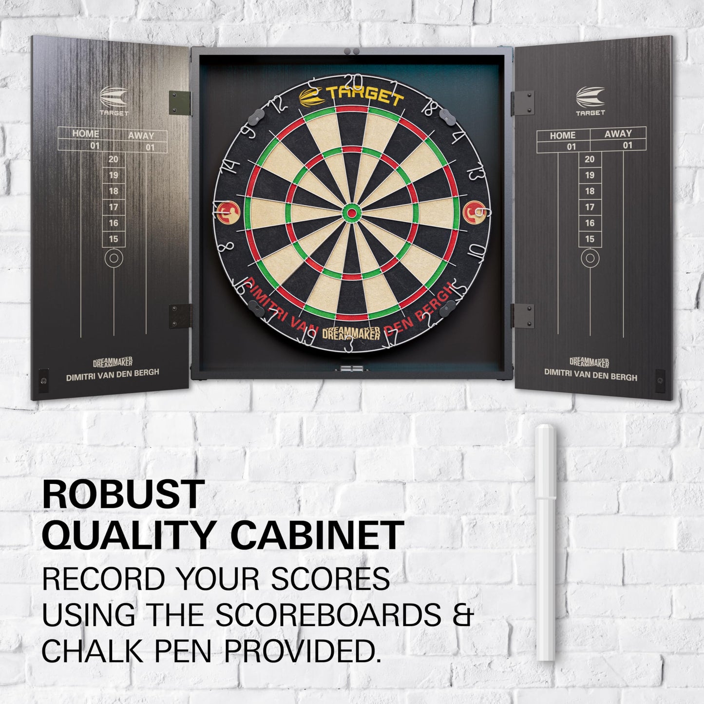 Target Darts Player Dartboard and Cabinet Set | Luke Littler/Dimitri Van den Bergh/Gabriel Clemens | Dart Board Cupboard with 2 Sets of Steel Tip Darts, Score Charts, Competition Standard Throw Line
