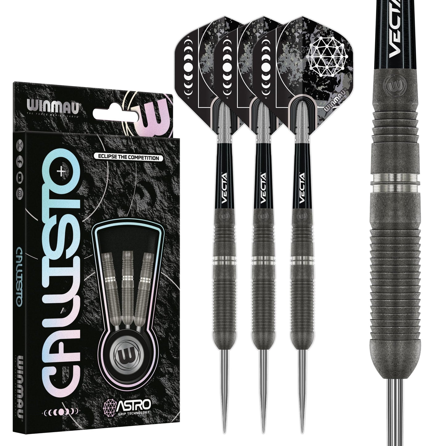 WINMAU Darts Callisto Series 90% Professional Tungsten Steel Tip Darts Set with Dart Flights and Dart Shafts (Stems) - Available in Three Styles - 22g, 23g, 24g, 25g & 26g Dart