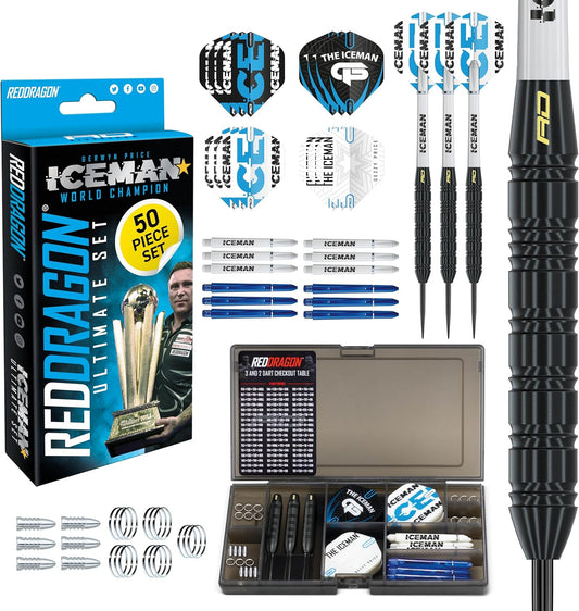 RED DRAGON Gerwyn Price Iceman Ultimate 50 Piece Darts Set with Darts and Accessories