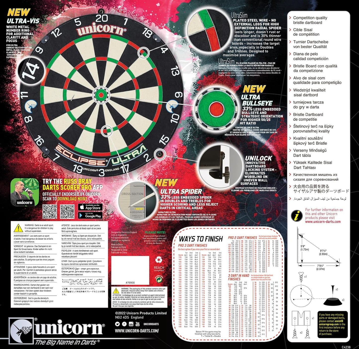 UNICORN Dartboard | Eclipse Ultra | Ultra-Visible White Number Ring | Championship Quality Sisal Bristle | Staple-Free Construction