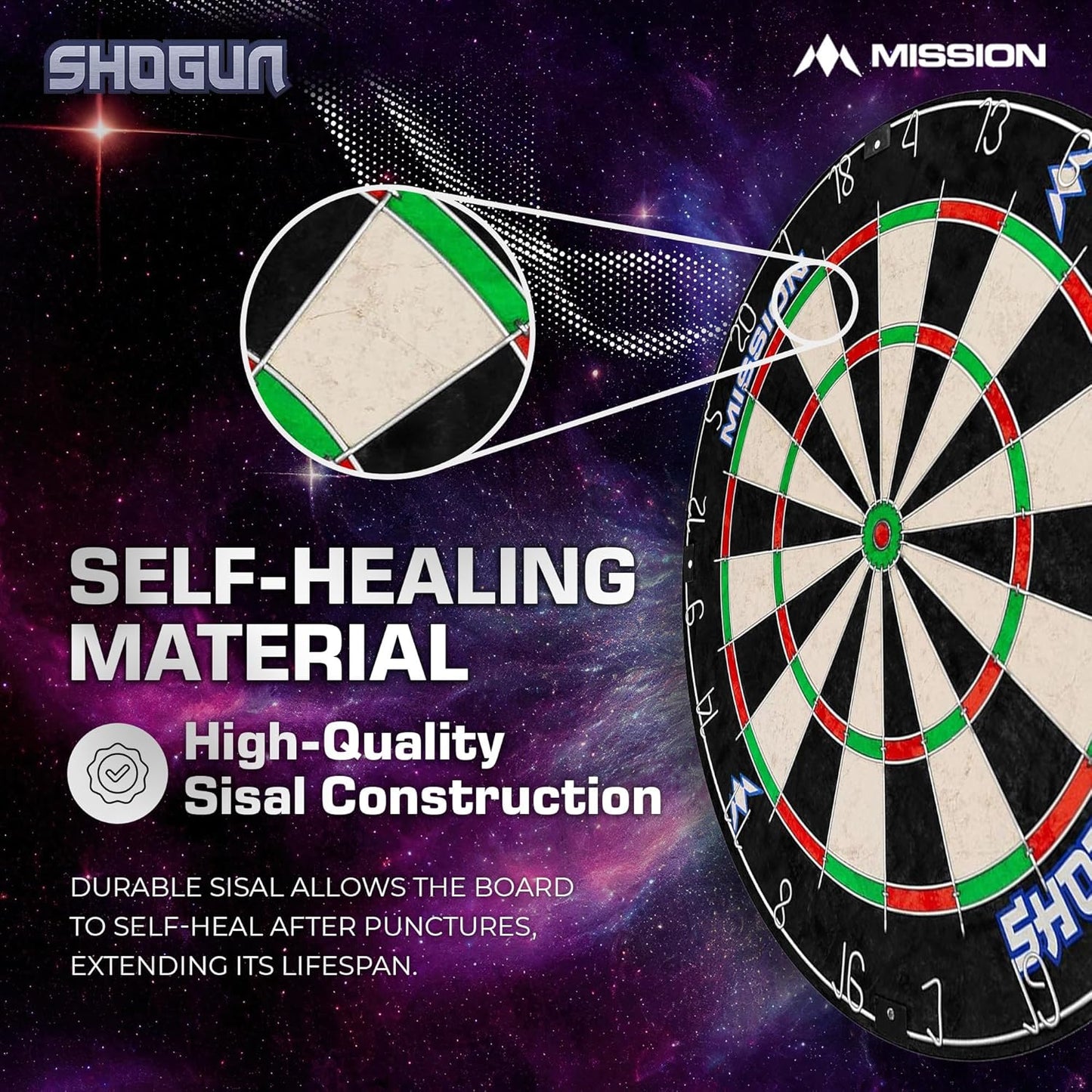 Mission Darts Shogun Dart Board Set | Endurance Round Wire Sisal Dartboard Set Including 2 sets of Steel Tip Darts