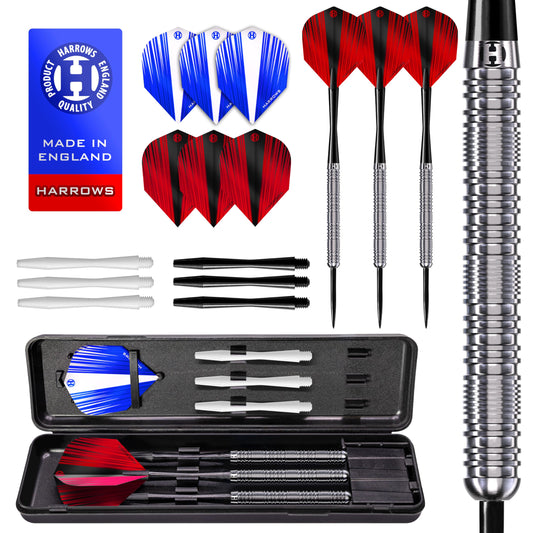 Harrows Caliber 90% Silver Tungsten Steel Tip Darts Set I 21g to 30g All Weights Available I Huge 16pcs Bundle with Spare Shafts, Prime Flights & Travel Case