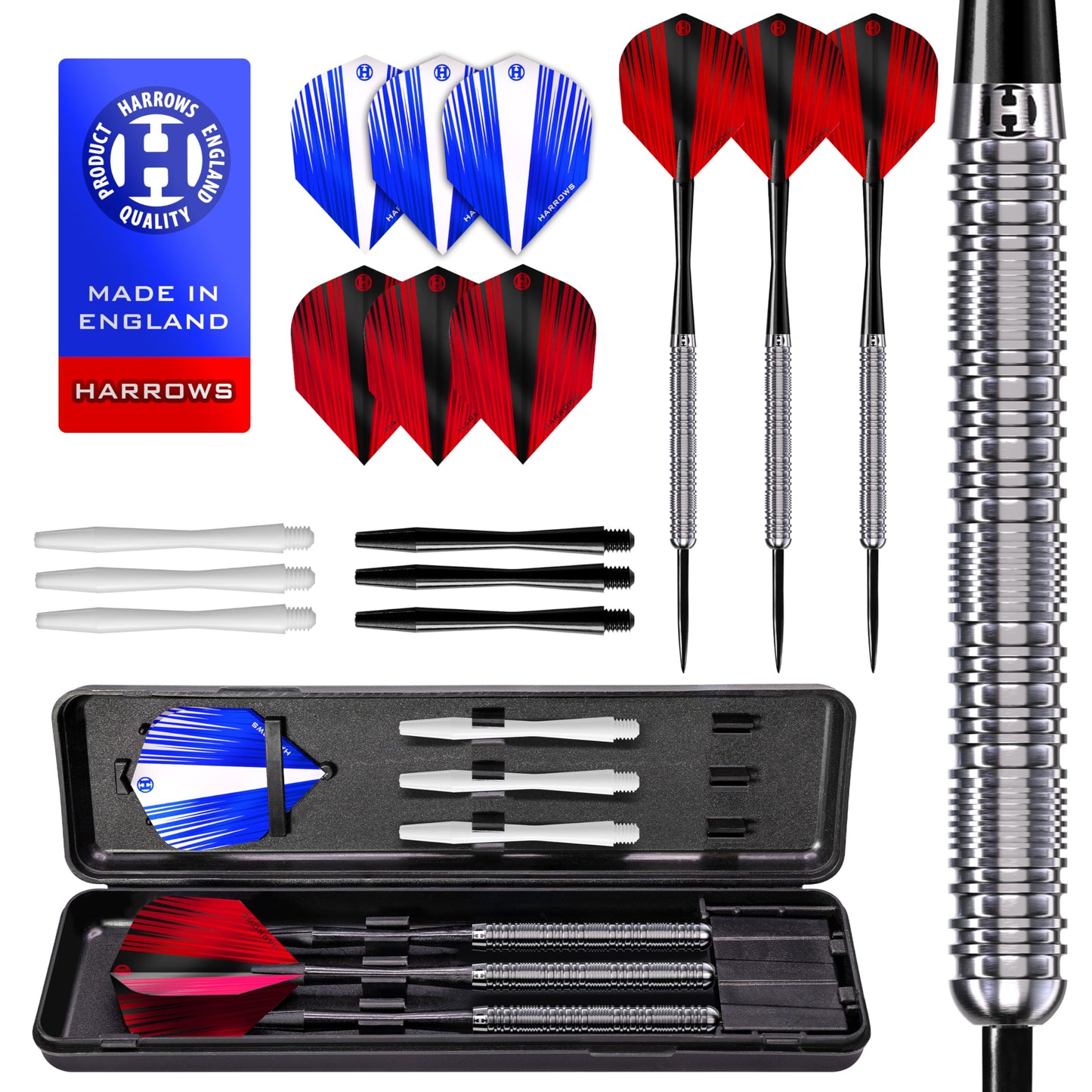 Harrows Caliber 90% Silver Tungsten Steel Tip Darts Set I 21g to 30g All Weights Available I Huge 16pcs Bundle with Spare Shafts, Prime Flights & Travel Case