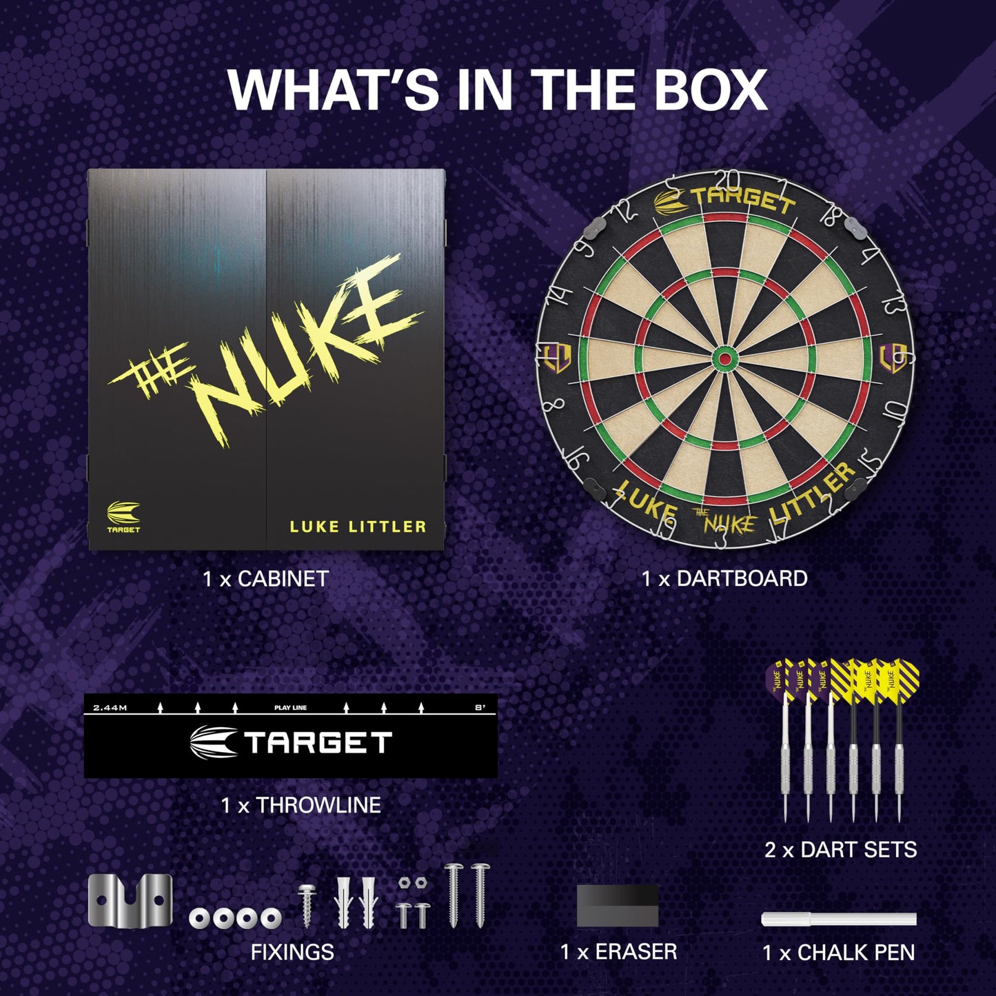 Target Darts Player Dartboard and Cabinet Set | Luke Littler/Dimitri Van den Bergh/Gabriel Clemens | Dart Board Cupboard with 2 Sets of Steel Tip Darts, Score Charts, Competition Standard Throw Line