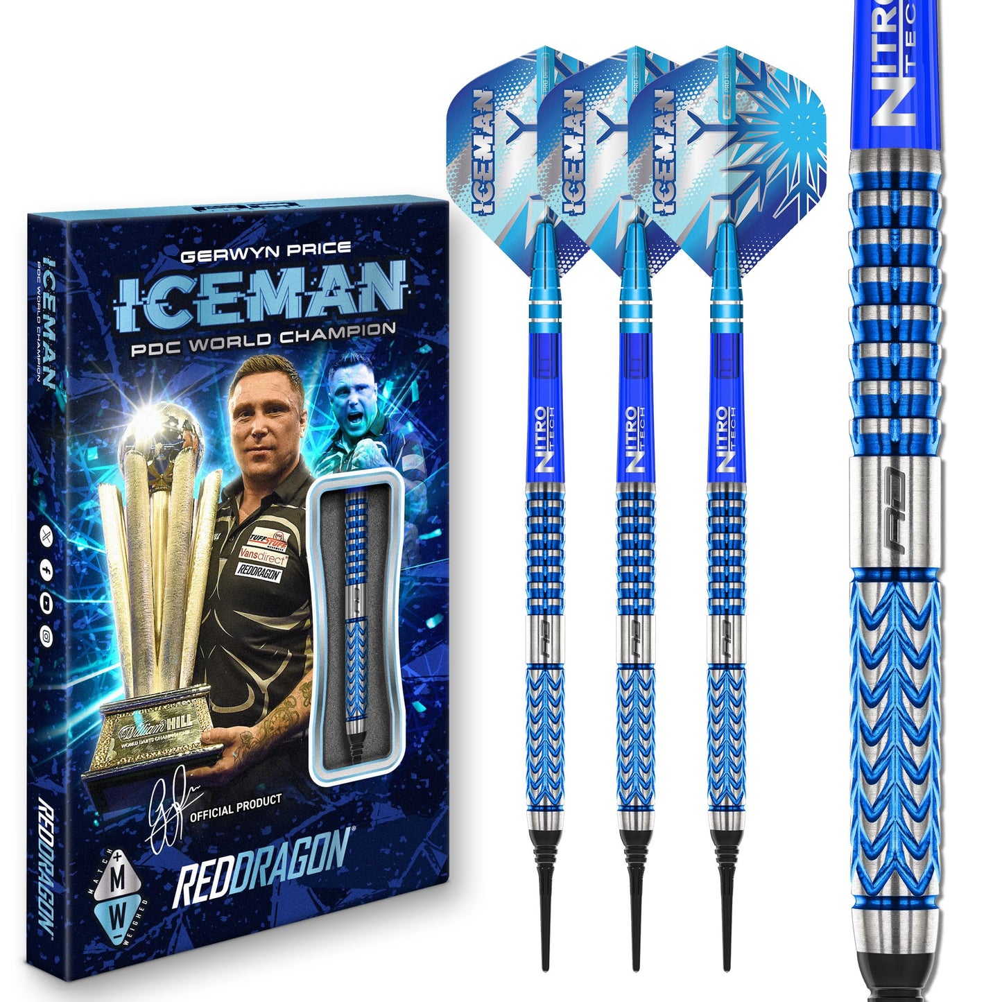 RED DRAGON Darts – Professional Player Gerwyn Price Iceman Glacier Series - 90% Tungsten Darts Set with Dart Flights and Dart Shafts (Stems) - Available in Soft Tip 18g and Steel Tip 22g, 24g & 26g