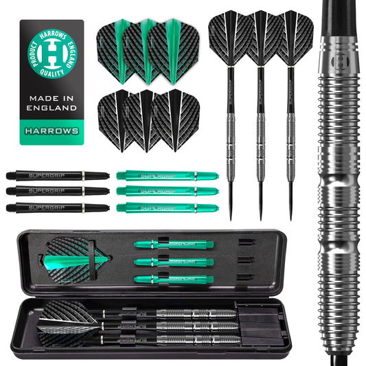 Harrows NX Elite 90% Tungsten Steel Tip Darts Set I 21g to 26g All Weights Available I Huge 17pcs Bundle with Supergrip Shafts, Quantum Flights & Travel Case