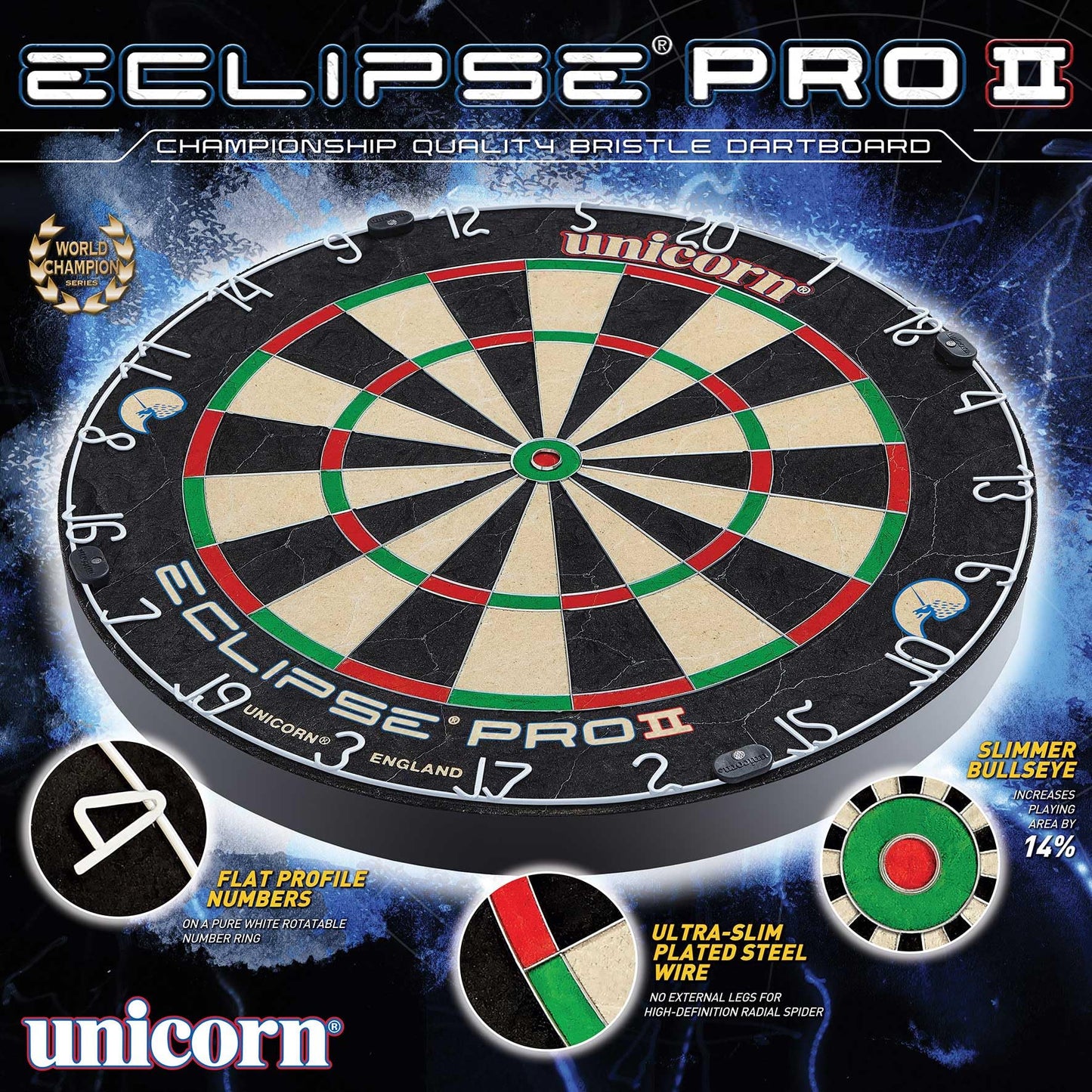 UNICORN Dartboard | Eclipse Pro 2 | Flat Profile Number Ring | Championship Quality Sisal Bristle | Staple-Free Construction