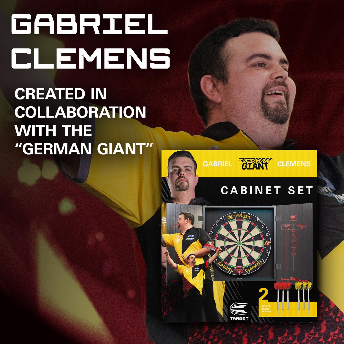 Target Darts Player Dartboard and Cabinet Set | Luke Littler/Dimitri Van den Bergh/Gabriel Clemens | Dart Board Cupboard with 2 Sets of Steel Tip Darts, Score Charts, Competition Standard Throw Line