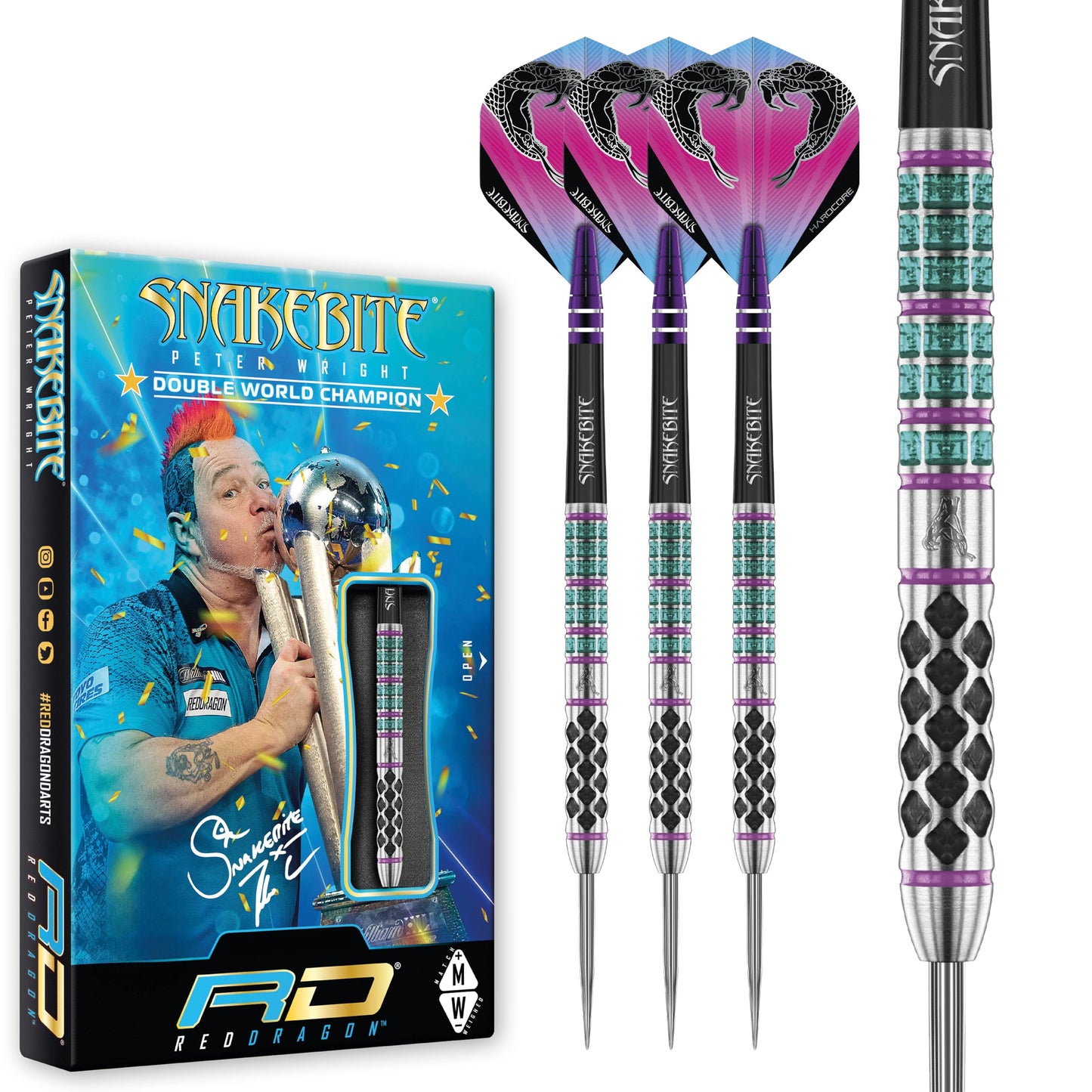 RED DRAGON Peter Wright Snakebite Supa-Venom Premium Tungsten Darts Set with Flights and Stems