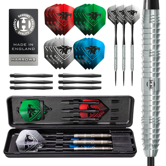 Harrows Sabre 90% Tungsten Steel Tip Darts Set I 21g to 26g All Weights Available I Huge 24pcs Bundle with Spare Shafts, Prime Flights & Travel Case