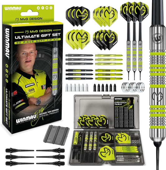 WINMAU Michael van Gerwen MvG Softip Gift Set - 50 Piece Darts Set with 4 sets of Shafts, 4 sets of Flights plus Accessories