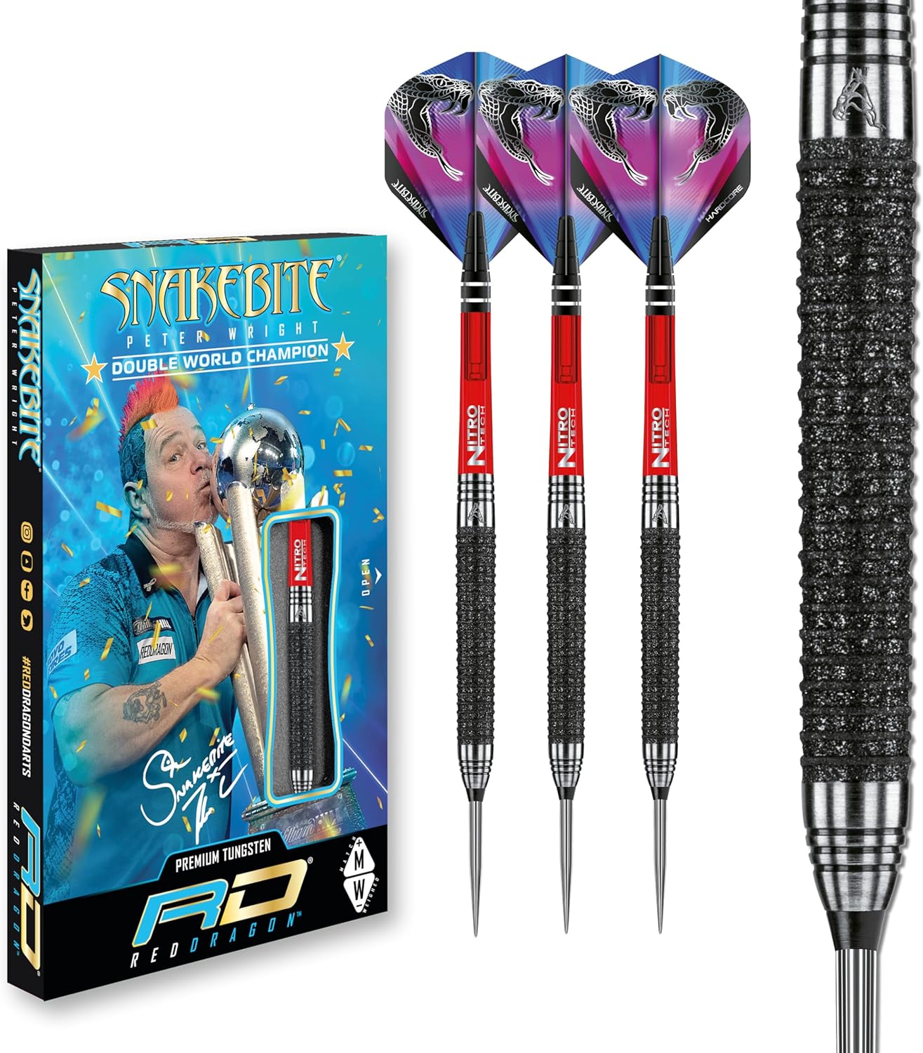 Peter Wright Snakebite Melbourne Masters Edition: 22g - 90% Tungsten Steel Darts with Flights and Stems
