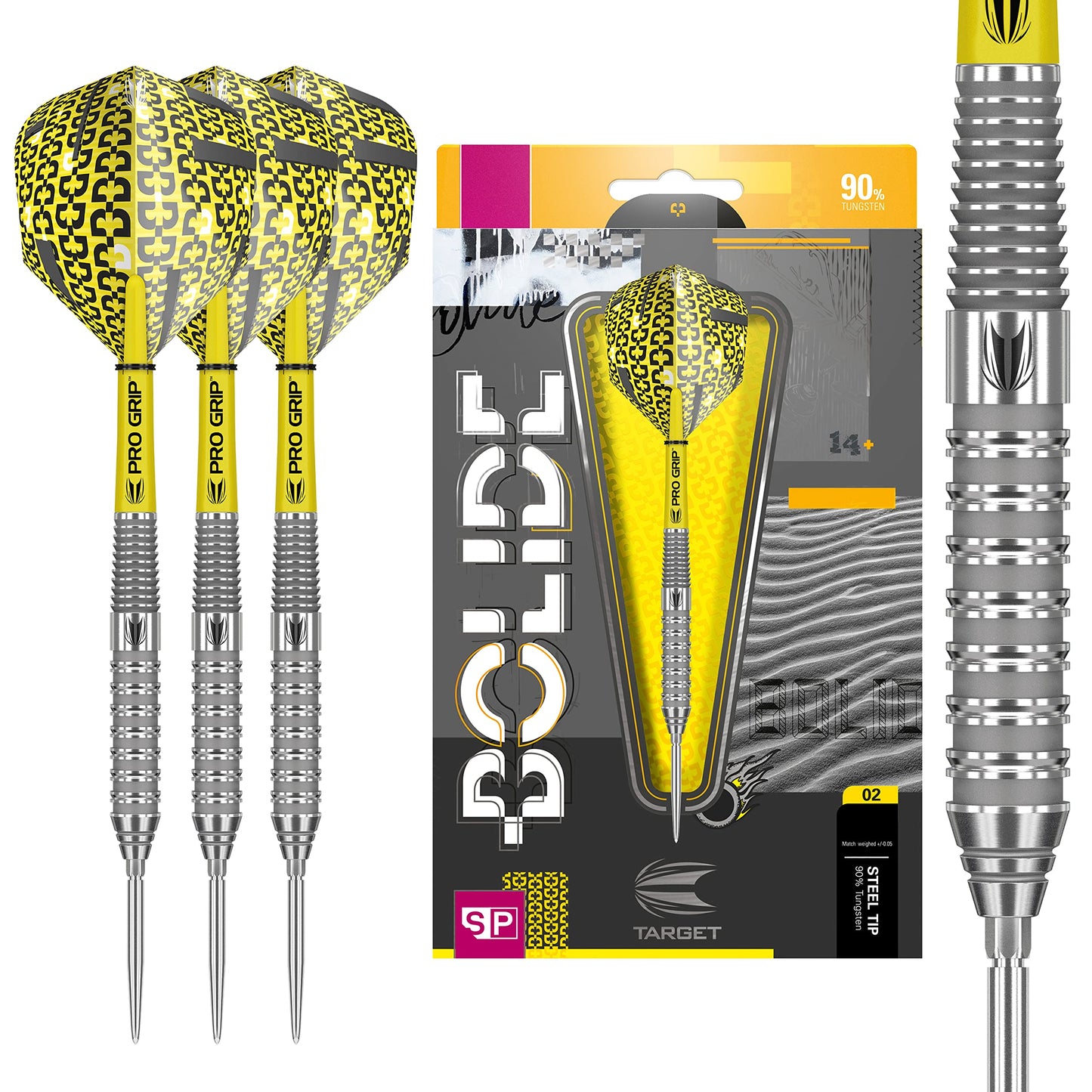 TARGET Darts Bolide 90% Tungsten Swiss Point Steel Tip Darts Set of 3 | Featuring Pro Grip Dart Stems, Number 6 Dart Flights, Swiss Points | Professional Darts