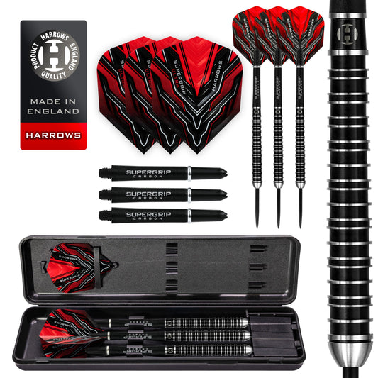 Harrows SUPERGRIP ULTRA 90% Tungsten Steel Tip Darts Set. Available in 21g, 22g, 23g, 24g, 25g, 26g, 28g & 30g - Includes Supergrip Carbon Shafts, Supergrip Flights & Travel Case