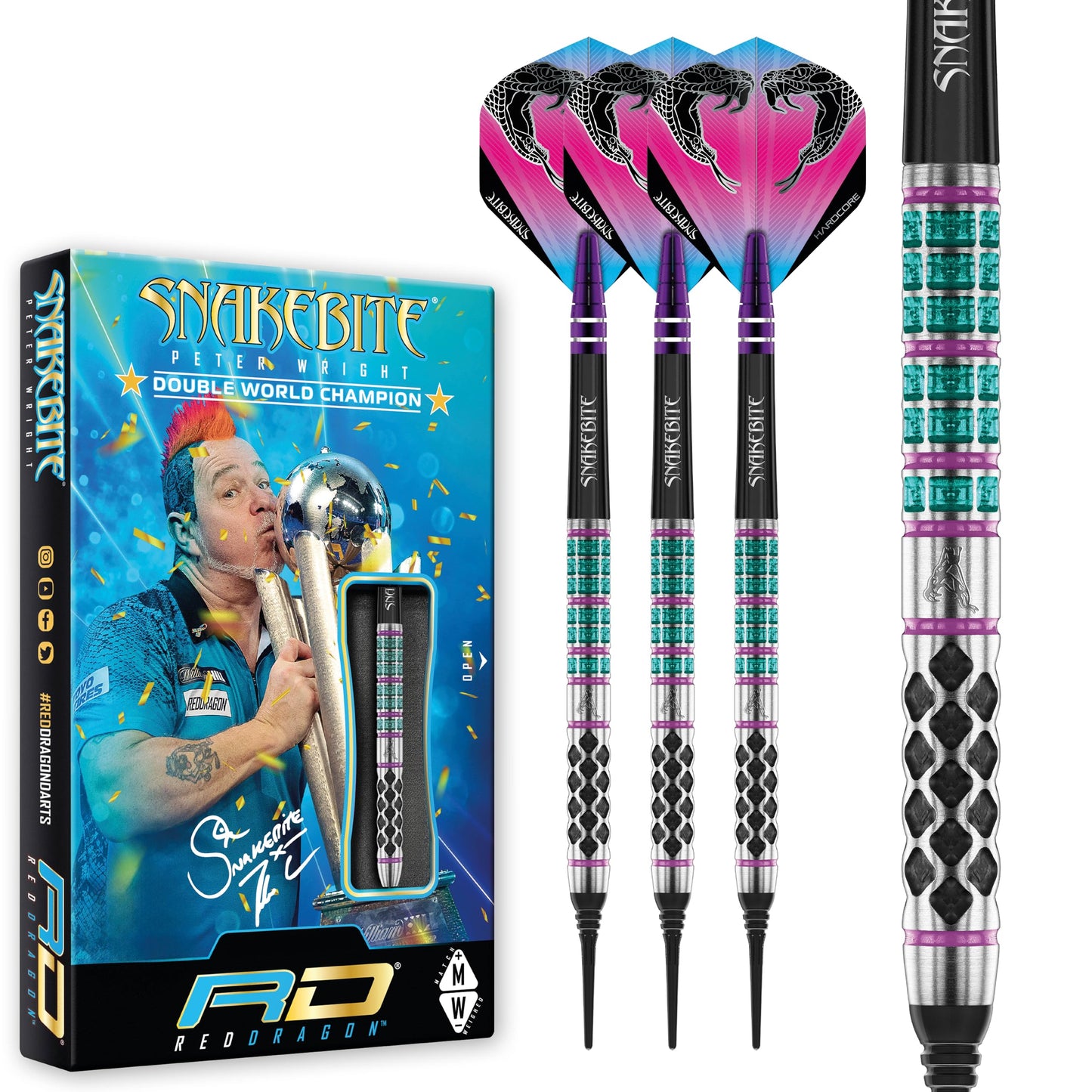 RED DRAGON Peter Wright Snakebite Supa-Venom Premium Tungsten Darts Set with Flights and Stems
