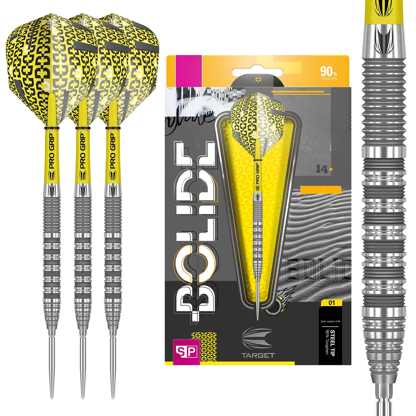 TARGET Darts Bolide 90% Tungsten Swiss Point Steel Tip Darts Set of 3 | Featuring Pro Grip Dart Stems, Number 6 Dart Flights, Swiss Points | Professional Darts