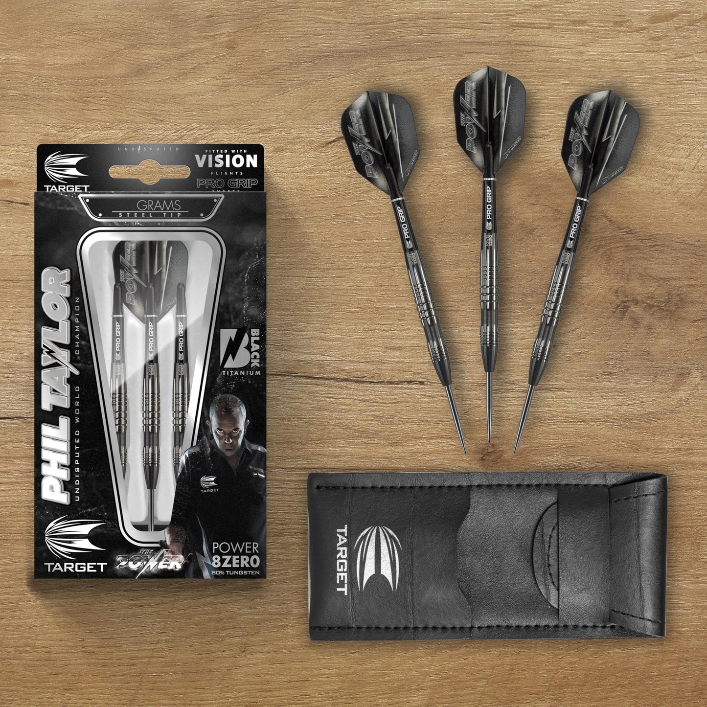 TARGET Darts Phil Taylor Power 8-Zero 3 Black Steel Tip Darts, 80% Tungsten Dart Set, P8Z3, 22G/24G | Player Edition Darts with Fixed Points | Black Darts Case Included